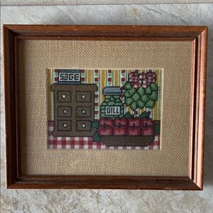 Handmade from 1981 needlepoint cross-stitch framed kitchen decor sage basil 9x11
